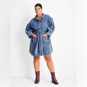 Future Collective Kahlana Barfield Brown Long Sleeve Utility Denim A-Line Dress